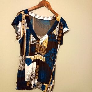 Agenda M Vintage Patchwork V-Neck Butterfly Sleeved Bubble Hem Top in Earthtones